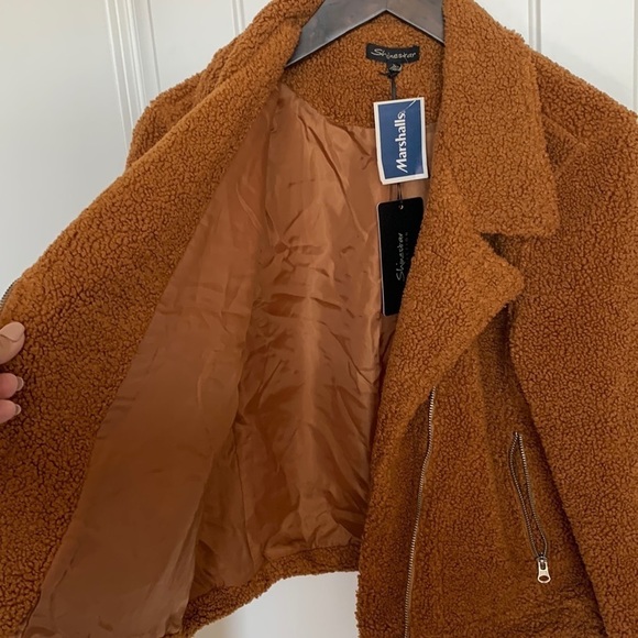 NWT Faux Shearling Moto Teddy Jacket Large Cognac Cropped Sherpa Lined Cozy - Picture 4 of 13